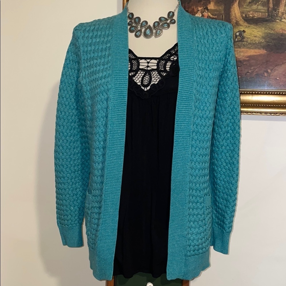 L.L. Bean Open‎ Front Teal Waterfall Sweater.  2 front pockets.  Size M. Cotton